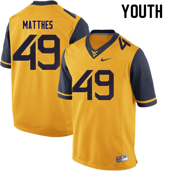 Youth #49 Evan Matthes West Virginia Mountaineers College Football Jerseys Sale-Gold - Click Image to Close